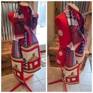 Upcycled winter patch scarf red cabin handmade Dont Throw It Out